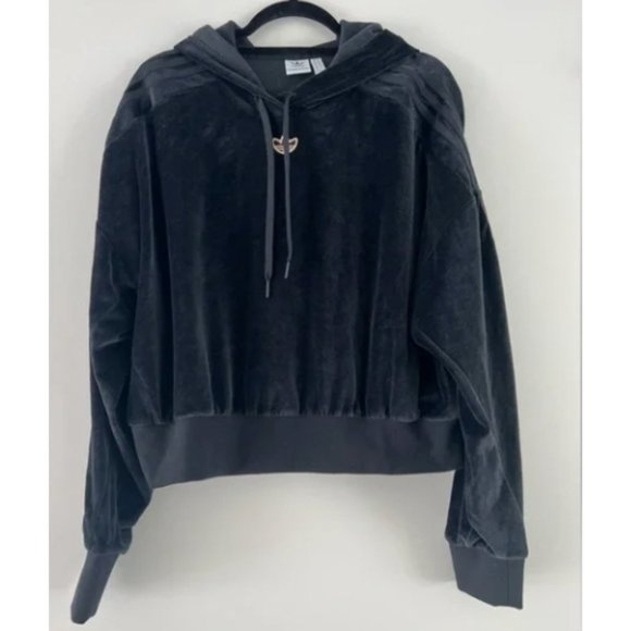 Adidas Cropped Black Velour Batwing Hoodie - Picture 4 of 5